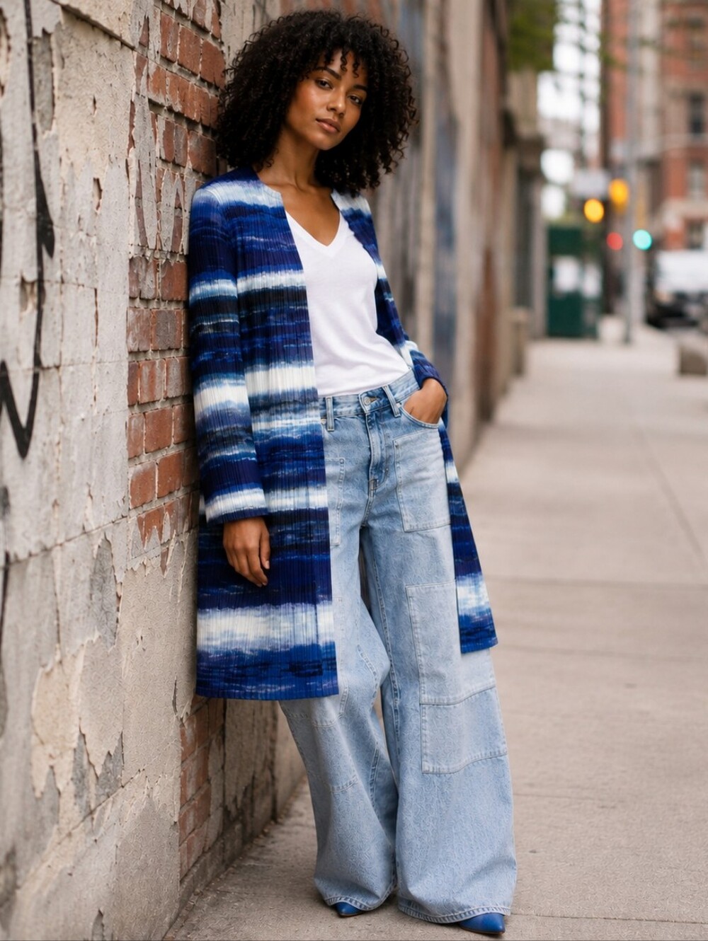 Chico's Blue and White Striped Open-Front Cardigan